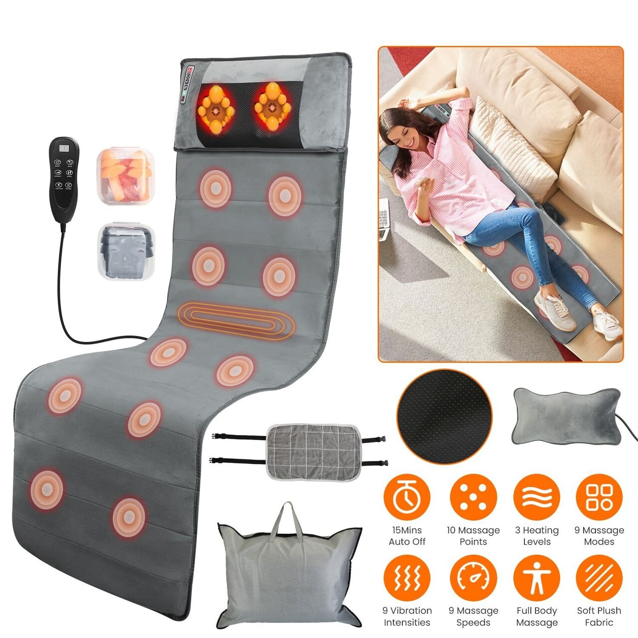 Edge Collections - 53.14" x 19.68" - Gray - Rejuvenating Full Body Massage Mat with Heat and Vibration - 1 Piece